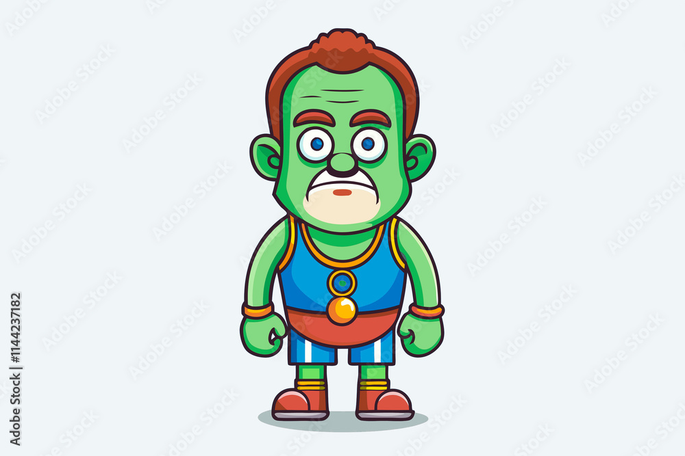 Obraz premium Green red haired serious poisonous little man doodle in sports wear