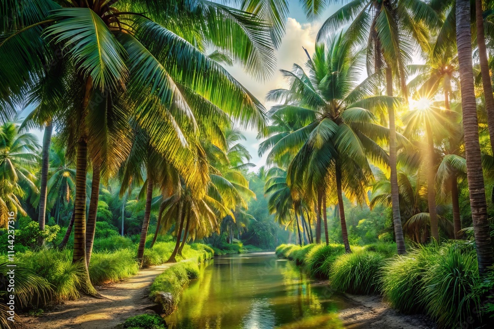 Lush Palm Jungle Landscape Background: Rule of Thirds Composition, AI Generated Image Lush Palm Jungle Landscape Background: Rule of Thirds Composition, AI Generated Image