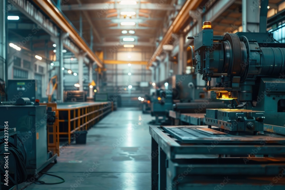 Wide interior shot of metalwork factory equipped with modern industrial machines copy space