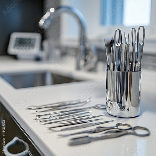 Sterilized dental instruments on a counter. photo