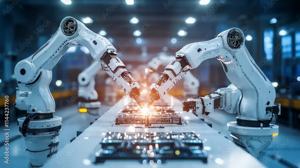 Robotic arms assembling electronics manufacturing plant industrial process modern environment close-up view automation technology