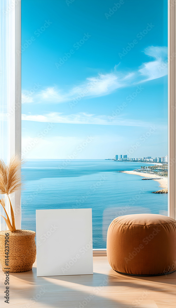 Obraz premium Coastal View Mockup Blank Canvas, Modern Room, Ocean Background, Design Template.