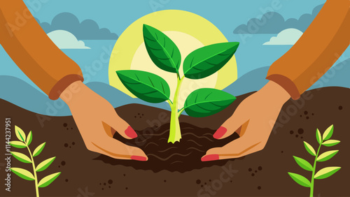 Hands planting a green sapling with a sunlit background, vector illustration
