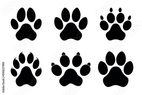 Set of different animal paw prints black silhouette vector illustrations on white background photo