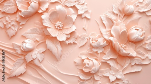 Fototapeta Naklejka Na Ścianę i Meble -  Peach-colored embossed floral wall design.