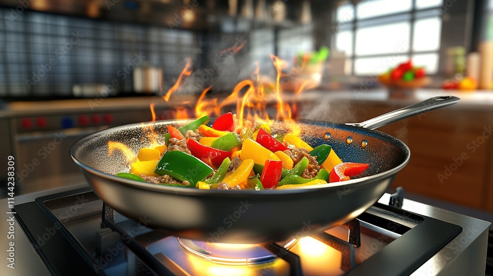 Stir-fry vegetables and meat cooking in flaming pan on stove. Stir-fry vegetables and meat cooking in flaming pan on stove.