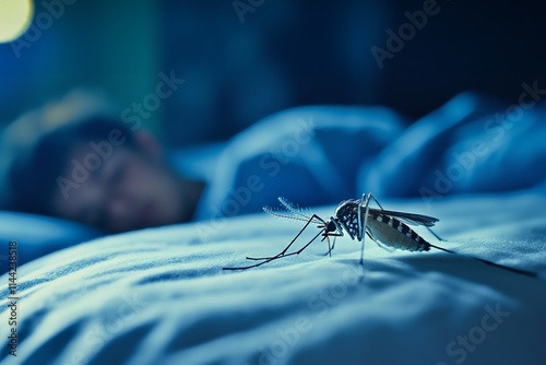 Close-up of a Tiger Mosquito on a Bed with a Blurred Sleeping Person in the Background