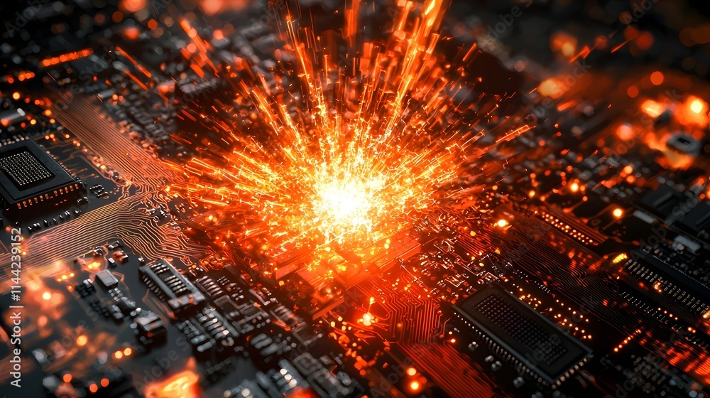 Fototapeta premium Dynamic Quantum Explosion on a Circuit Board Background