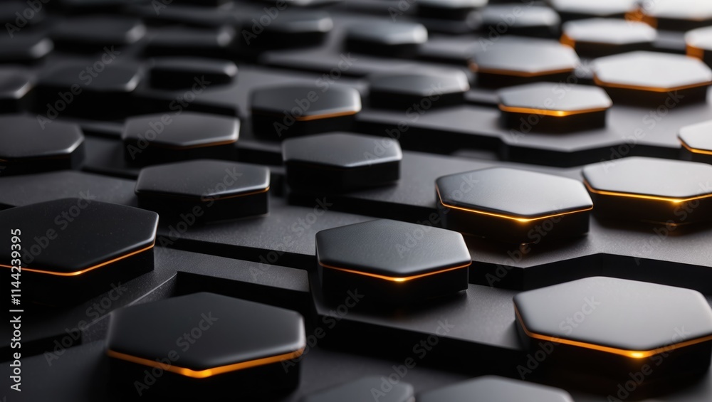 Obraz premium Black hexagonal shapes with glowing edges create a modern, abstract pattern on a dark surface, conveying a sleek and futuristic aesthetic.