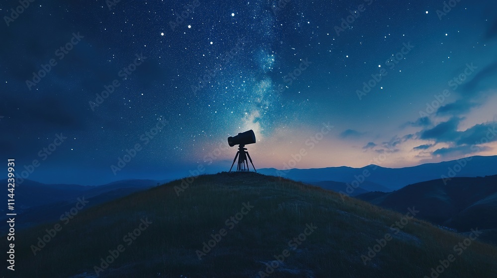 Fototapeta premium Telescope observing Milky Way galaxy on hill at twilight.