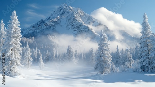 Majestic snow-covered mountain peak with frosty pine trees in a winter wonderland.