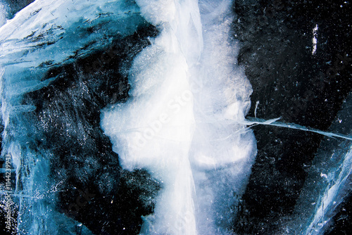 Deep blue ice texture, lake water frozen in winter, icy wallpaper, white snow