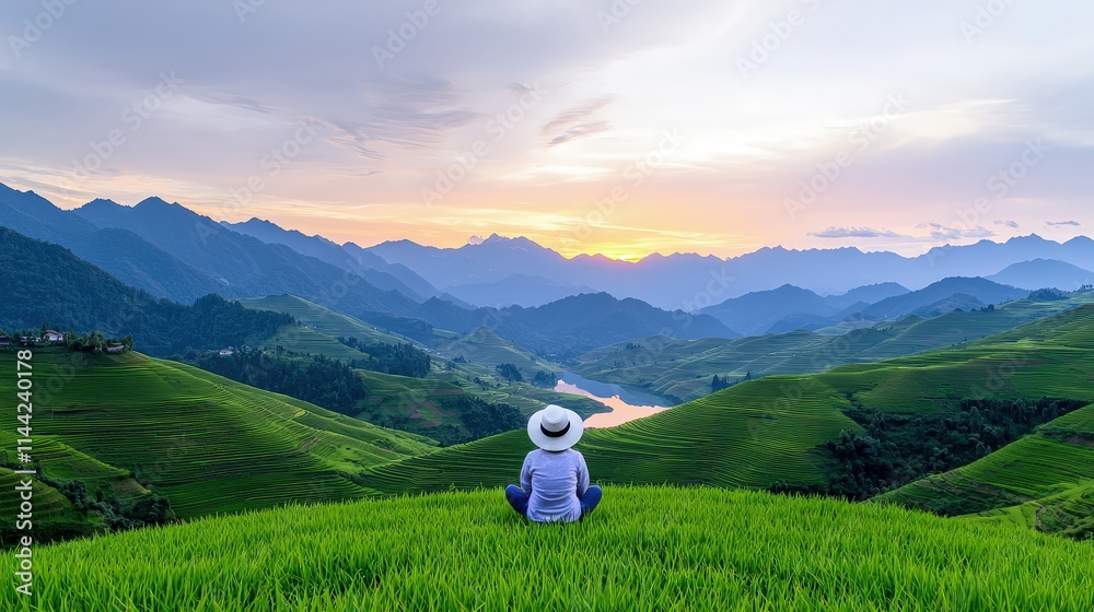 Woman meditates on grassy mountaintop at sunset. Woman meditates on grassy mountaintop at sunset.