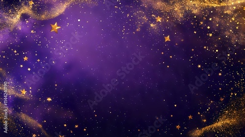 Deep purple and gold background with shimmering accents and glowing stars for a celestial, luxurious design