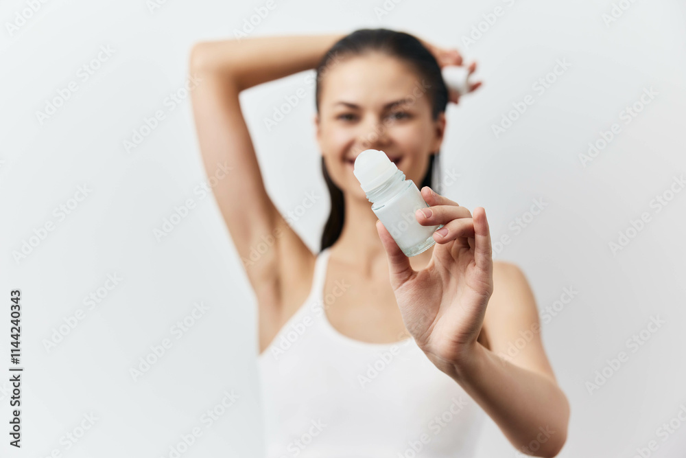 deodorant, skincare, beauty, personal care, woman holding deodorant, freshness, hygiene, healthy lifestyle, smiling female model, minimalistic background deodorant, skincare, beauty, personal care, woman holding deodorant, freshness, hygiene, healthy lifestyle, smiling female model, minimalistic background