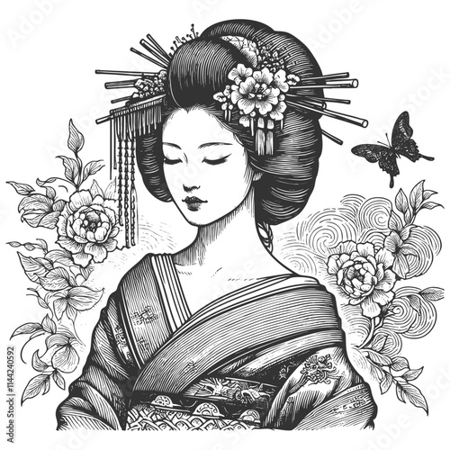 geisha with floral hair ornaments, traditional kimono, and a butterfly surrounded by blooming flowers sketch engraving generative ai vector illustration. Scratch board imitation. Black and white image