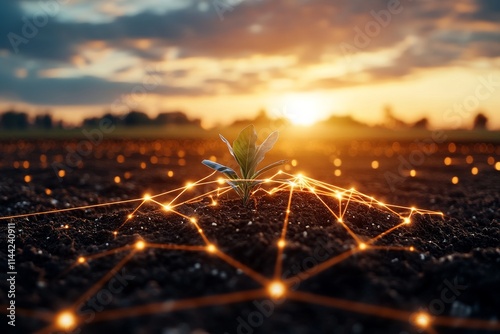 Growing plant with digital connections at sunset in a rural field highlights technology in agriculture