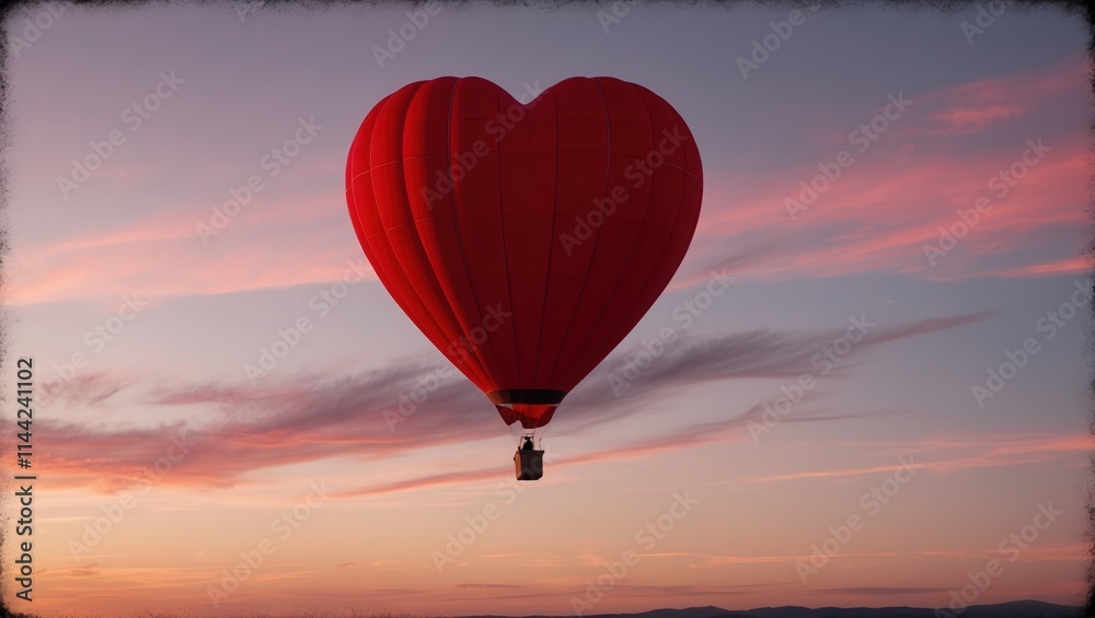 Fototapeta premium A heart-shaped, red hot air balloon soars against a stunning sunset sky, evoking feelings of romance and whimsy. Perfect for couples and adventurers.
