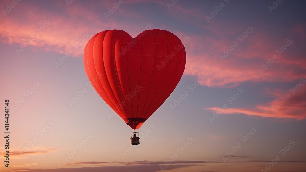 Fototapeta premium Heart-shaped red hot air balloon floating in vibrant sunset sky with colorful clouds, symbolizing love and romance.