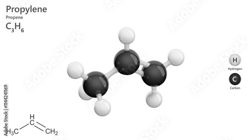 Molecule: Propene (Propylene). Alkene. Gas. Molecular structure. Formula: C3H6. Chemical model: Ball and stick. White background. 3D illustration. photo