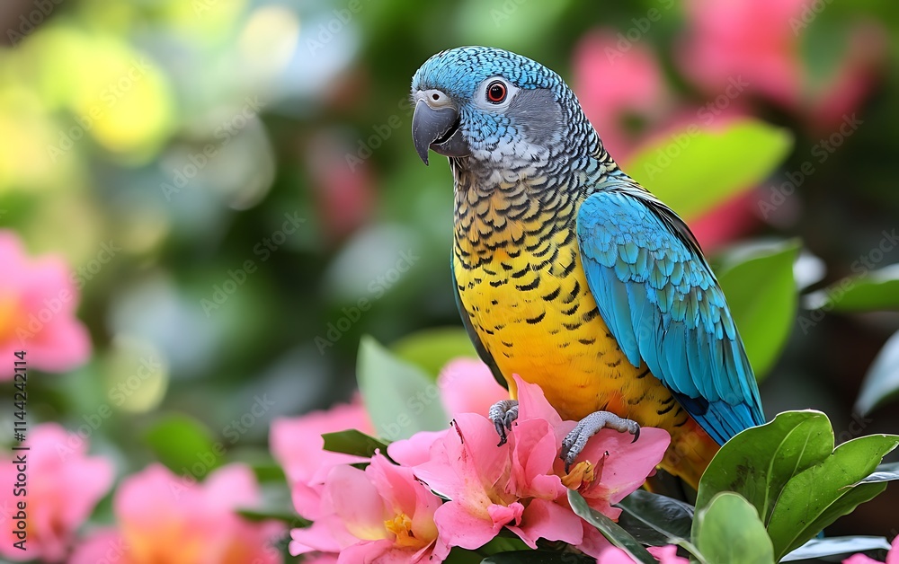 Vibrant blue and yellow parrot perched on pink flowers in lush green garden.