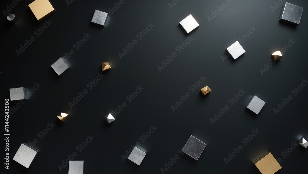 Modern geometric shapes in gold and silver scattered on black surface, creating a minimalist aesthetic suitable for elegant designs. Modern geometric shapes in gold and silver scattered on black surface, creating a minimalist aesthetic suitable for elegant designs.