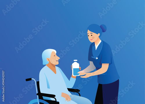Create a vector illustration depicting a friendly homecare nurse compassionately assisting a senior patient at home, showcasing supportive healthcare in a domestic setting.