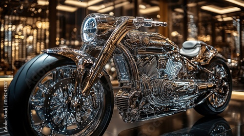 Transparent custom motorcycle displayed indoors.