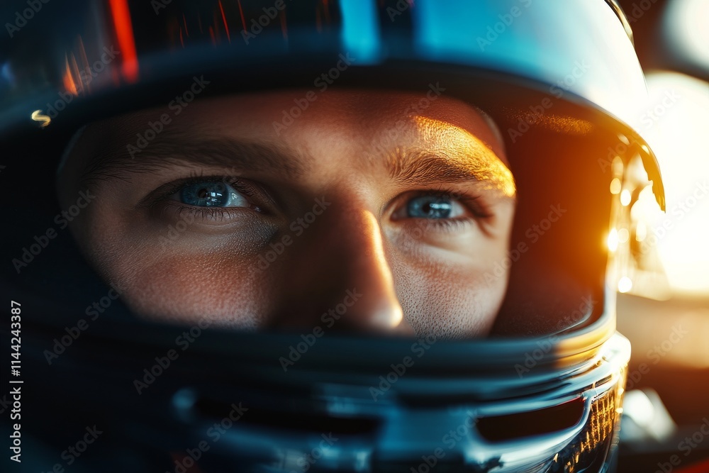 Intense gaze of a race car driver ready for competition during a sunset Intense gaze of a race car driver ready for competition during a sunset