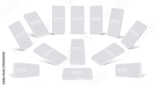 Realistic Smartphone and Clay Phone Mockup Collection - White Mobile Devices in Front, Side, Top, Bottom, and Perspective Views with Blank Screens. Vector