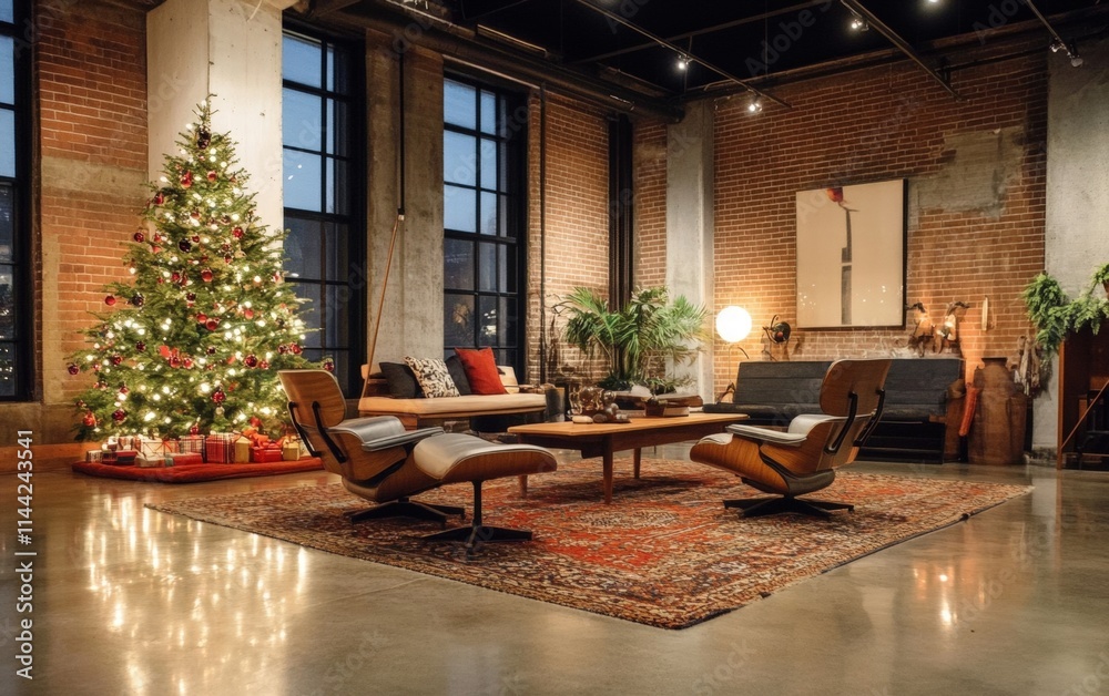 Fototapeta premium A chic industrial loft with polished concrete floors, vintage furniture, and a warmly lit Christmas tree