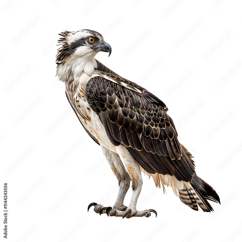 Fototapeta premium Osprey Portrait: A majestic Osprey, perched with sharp focus, showcasing its powerful physique, striking black and white plumage, and piercing gaze. This bird of prey.