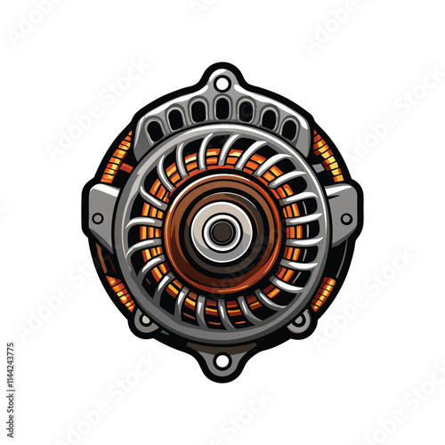 Generate a highly detailed, photorealistic image of an alternator, showcasing its internal components and wiring.  Focus on intricate mechanical details.