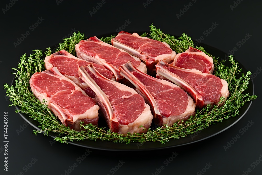 Eight raw lamb chops arranged on a black plate, garnished with fresh thyme sprigs. Eight raw lamb chops arranged on a black plate, garnished with fresh thyme sprigs.