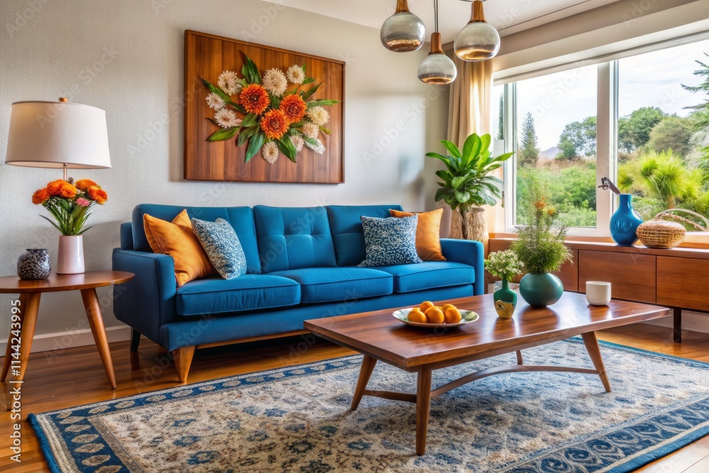 Fototapeta premium Mid Century Modern Living Room: Blue Sofa, Medium Shot - Retro Interior Design Inspiration