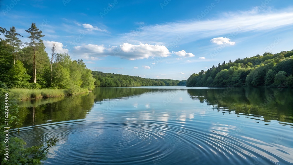 Fototapeta premium A tranquil scene of a lake surrounded by lush green trees. The water is calm and reflective, with a few ripples creating concentric circles. 