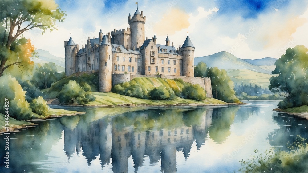 Obraz premium Watercolor painting of an Irish castle by a lake with reflections of the castle and surrounding greenery in the still waters