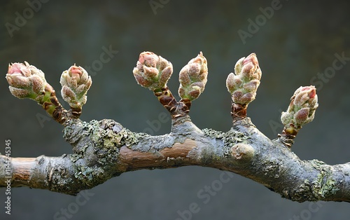 Close-up of five budding flower blossoms on a tree branch against a blurred background. photo