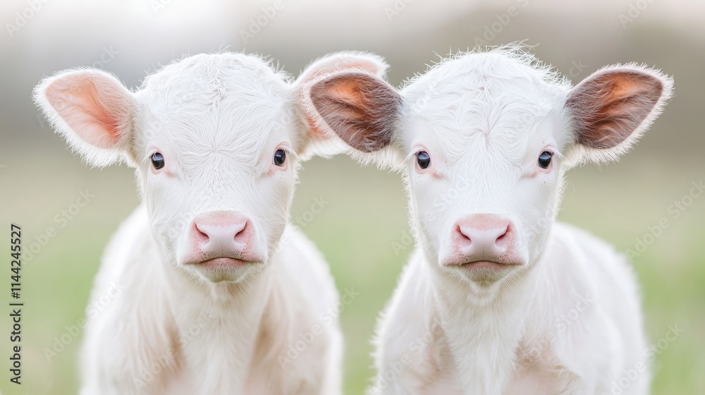 Two adorable white calves standing side by side in a field. Two adorable white calves standing side by side in a field.