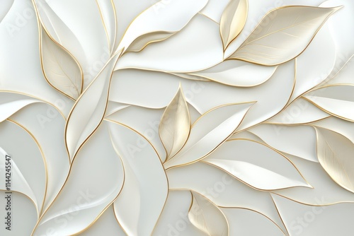 Elegant white and gold leaf pattern, 3D render.
