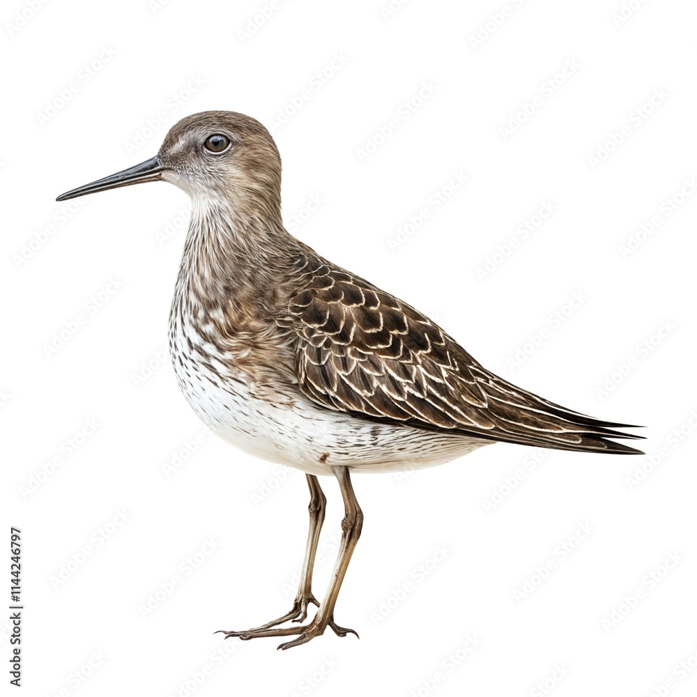 Obraz premium Sandpiper Bird Profile: A solitary sandpiper bird stands confidently against a clean background, showcasing its intricate plumage and slender build.