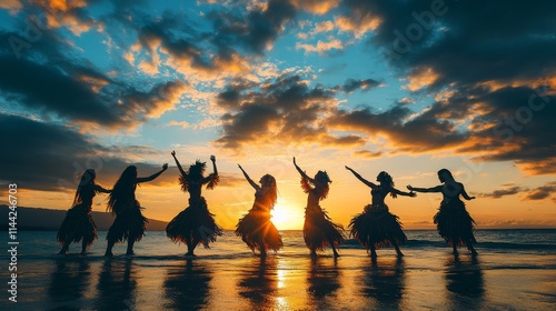 Wallpaper Mural A group of Hawaiian dancers performing a hula dance on a beach at sunset Torontodigital.ca