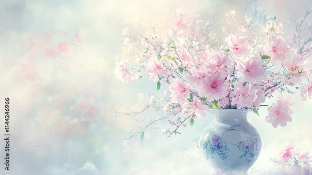 Delicate pastel floral centerpiece in an elegant vase on a light and breezy backdrop, highlighting freshness and beauty Delicate pastel floral centerpiece in an elegant vase on a light and breezy backdrop, highlighting freshness and beauty