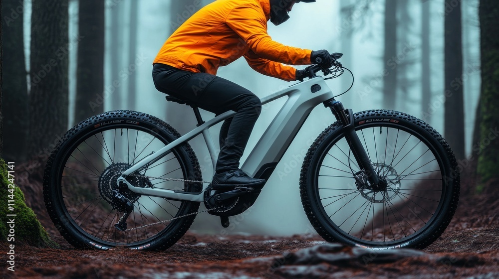 Naklejka premium Mountain biker navigating a foggy forest trail.