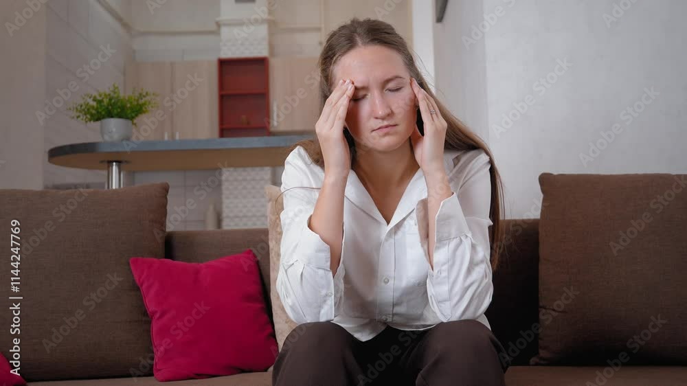 Young businesswoman sitting on sofa in her apartment touching whiskey while experiencing severe headache. Signs of stress and discomfort are noticeable on her face Young businesswoman sitting on sofa in her apartment touching whiskey while experiencing severe headache. Signs of stress and discomfort are noticeable on her face