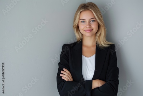 Successful young woman in blazer confidently posing for camera.