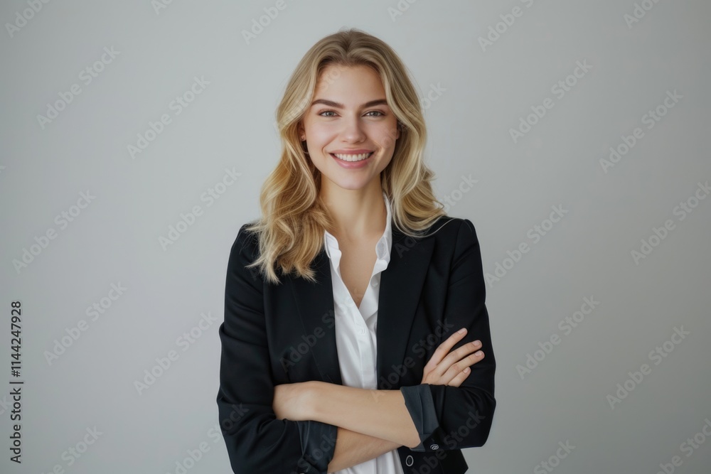 Successful young woman in blazer confidently posing for camera. Successful young woman in blazer confidently posing for camera.