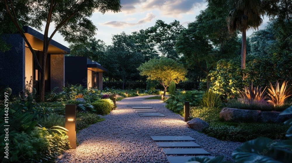 Obraz premium Evening view of a modern garden path with warm accent lights, blending structure and organic elements in a stylish yard