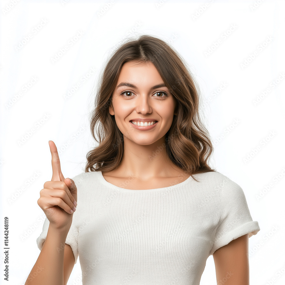Smiling woman pointing up by finger and showing blank space Smiling woman pointing up by finger and showing blank space