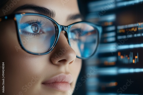 Focused woman analyzes data on computer screen in a modern workspace during evening hours